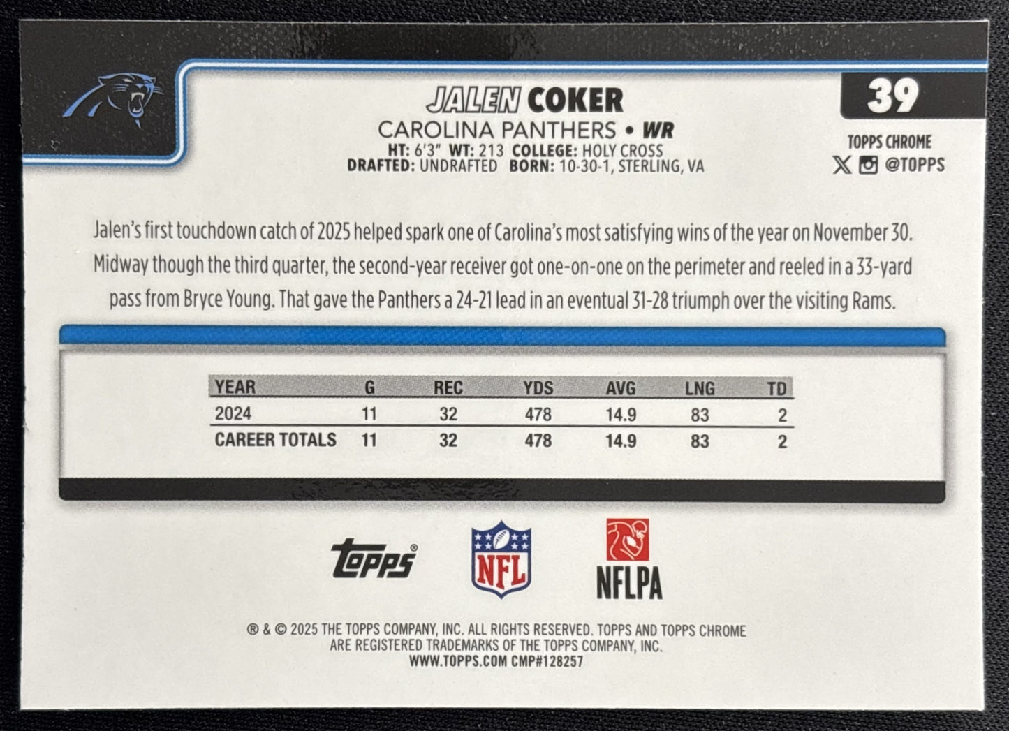 Jalen Coker 2025 Topps Chrome Panthers Sports Trading Cards