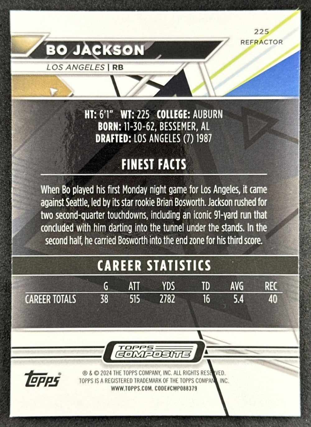 Bo Jackson 2023 Topps Composite Finest Refractor Raiders Sports Trading Card