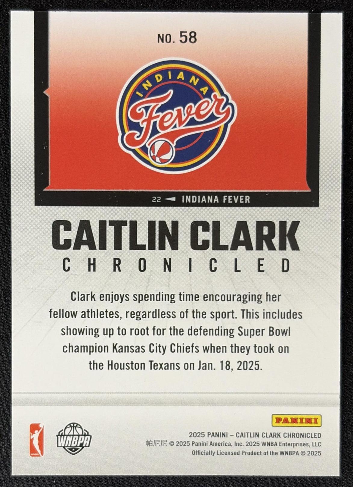 Caitlin Clark 2025 Panini Chronicled Life Style Red Holo Fever 58