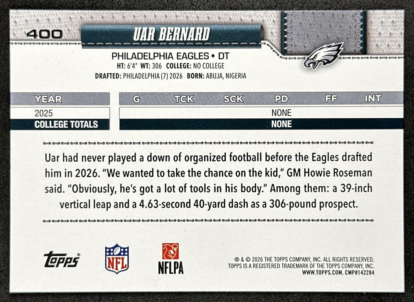 Uar Bernard 2026 Topps Flagship Rookie Eagles Sports Trading Cards