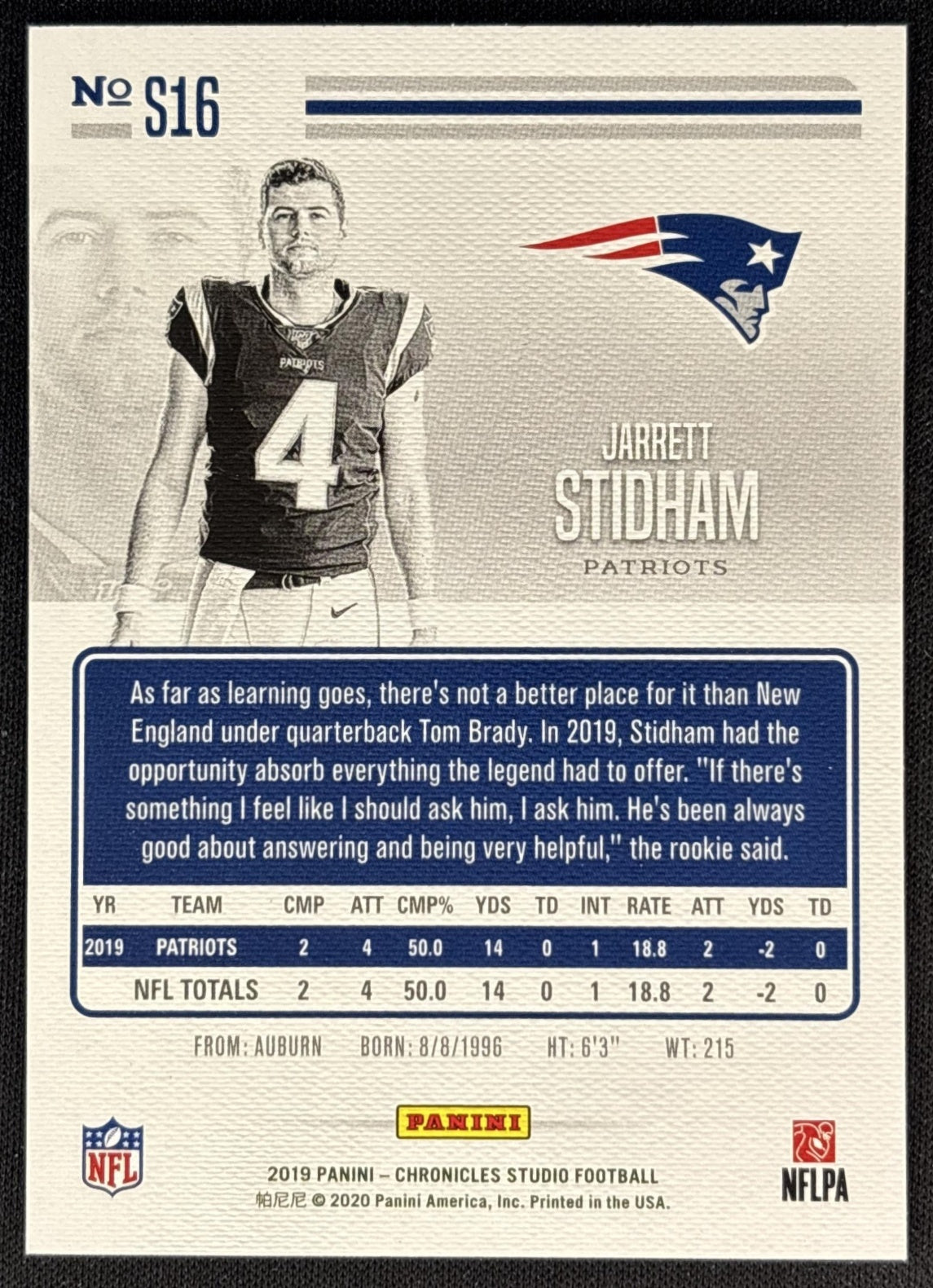 Jarrett Stidham 2019 Panini Chronicles Studio Patriots back