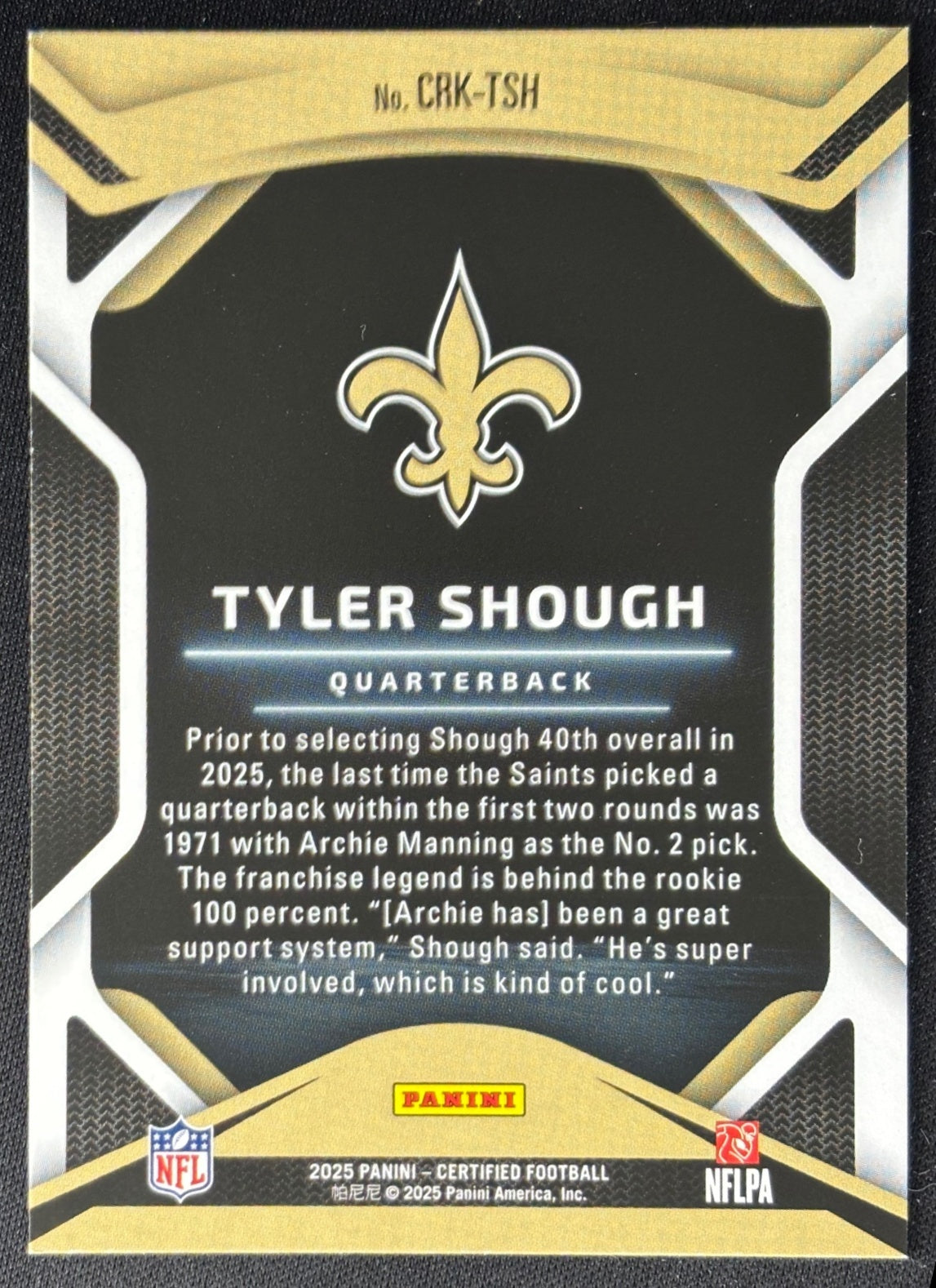 Tyler Shough 2025 Certified Rookies Saints - back