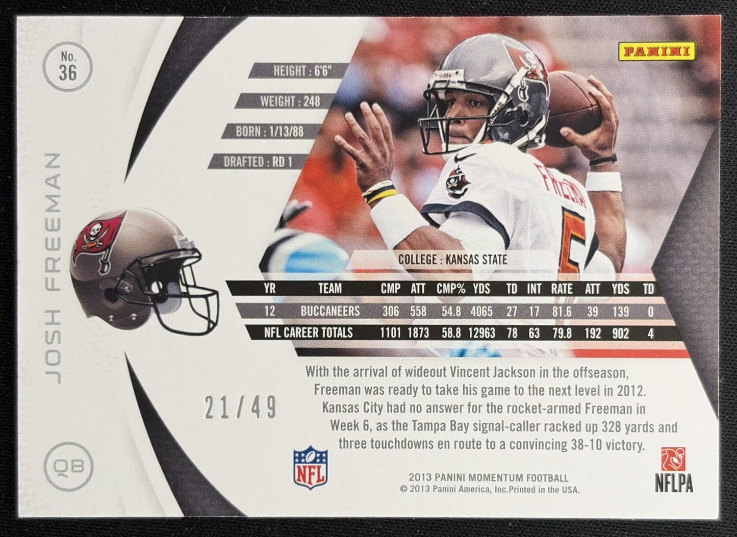 Josh Freeman 2013 Panini Momentum Platinum /49 Buccaneers back