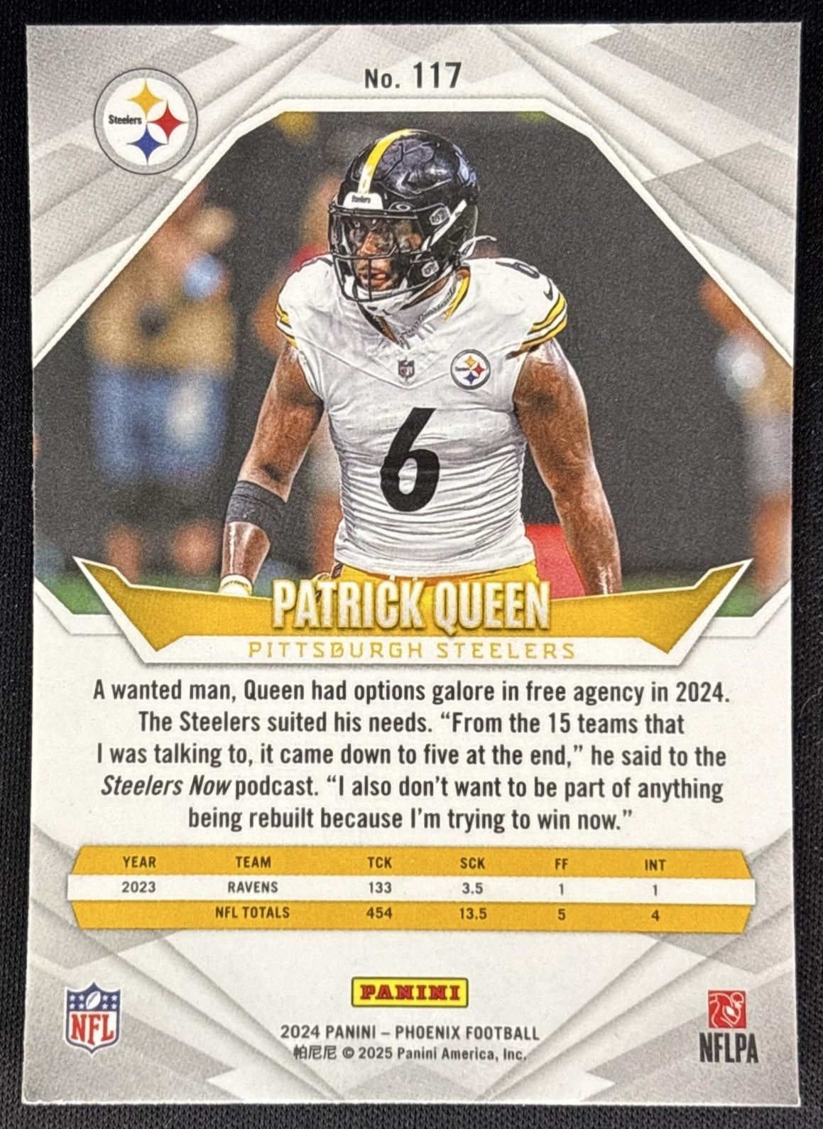 Patrick Queen 2024 Panini Phoenix International Steelers Sports Trading Card