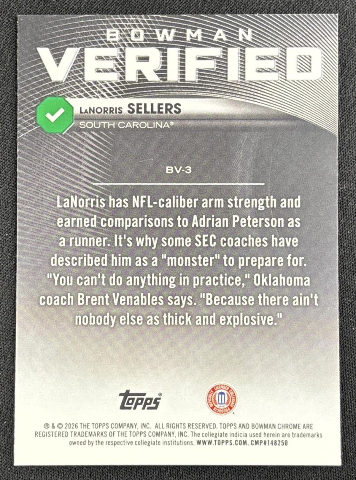 LaNorris Sellers 2026 Bowman Verified Gamecocks back