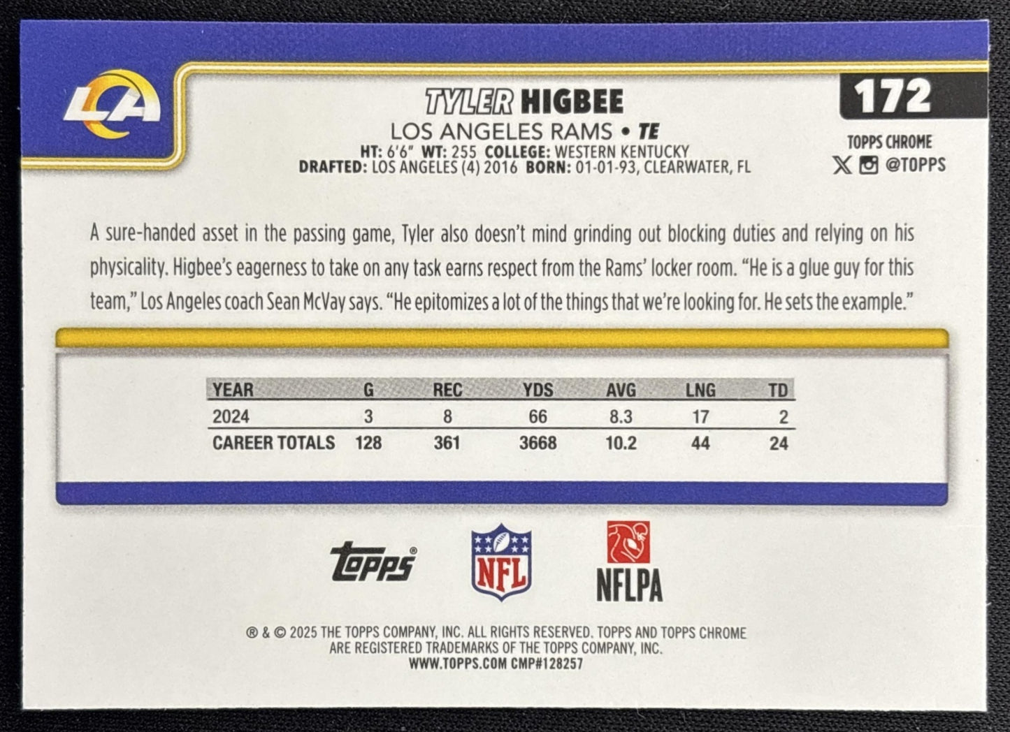 Tyler Higbee 2025 Topps Chrome Pulsar Refractor Rams back