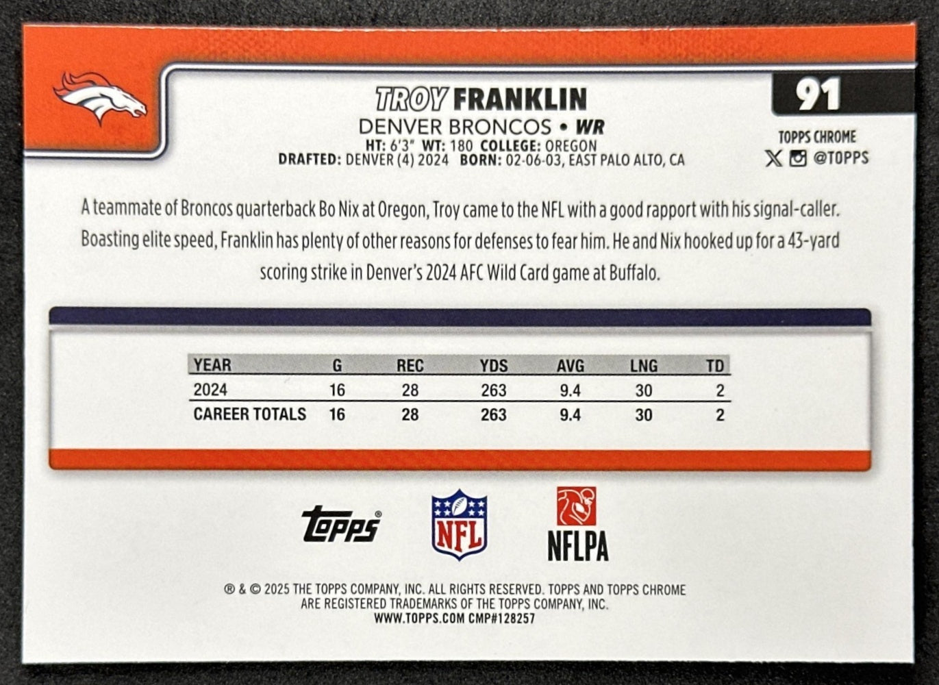 Troy Franklin 2025 Topps Chrome Sapphire Broncos
