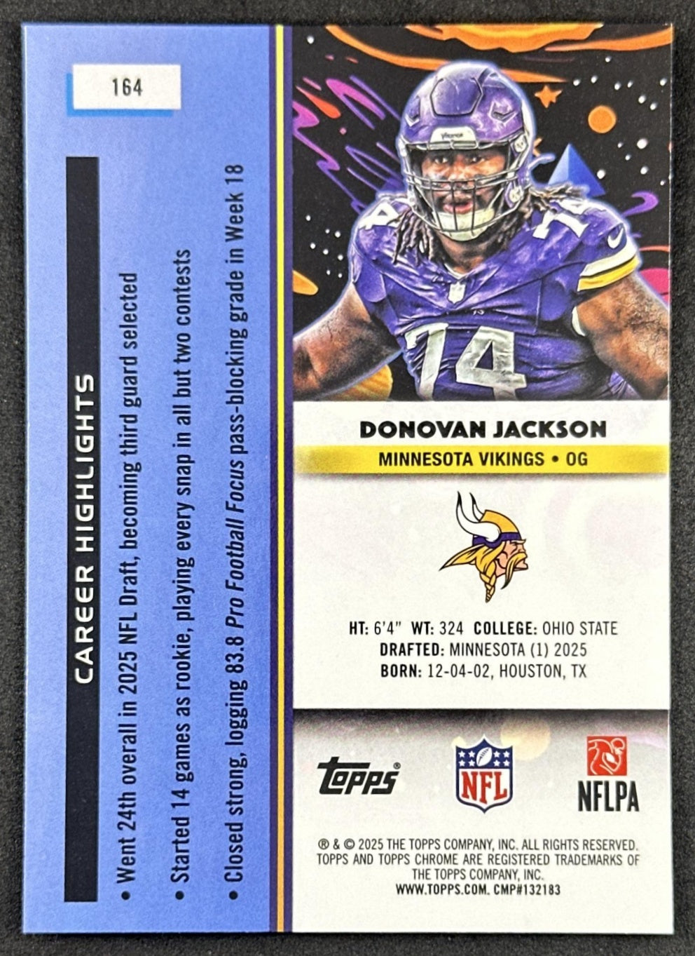 Donovan Jackson 2025 Topps Cosmic Chrome Blue Moon Refractor /99 Vikings Sports Trading Cards