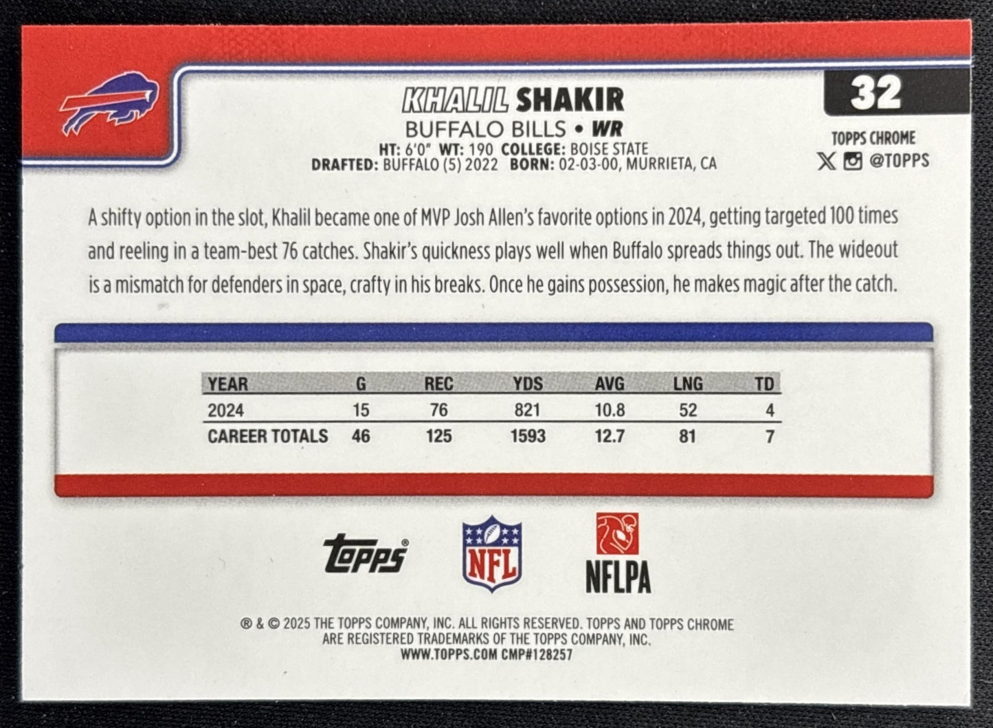 Khalil Shakir 2025 Topps Chrome X-Fractor Bills