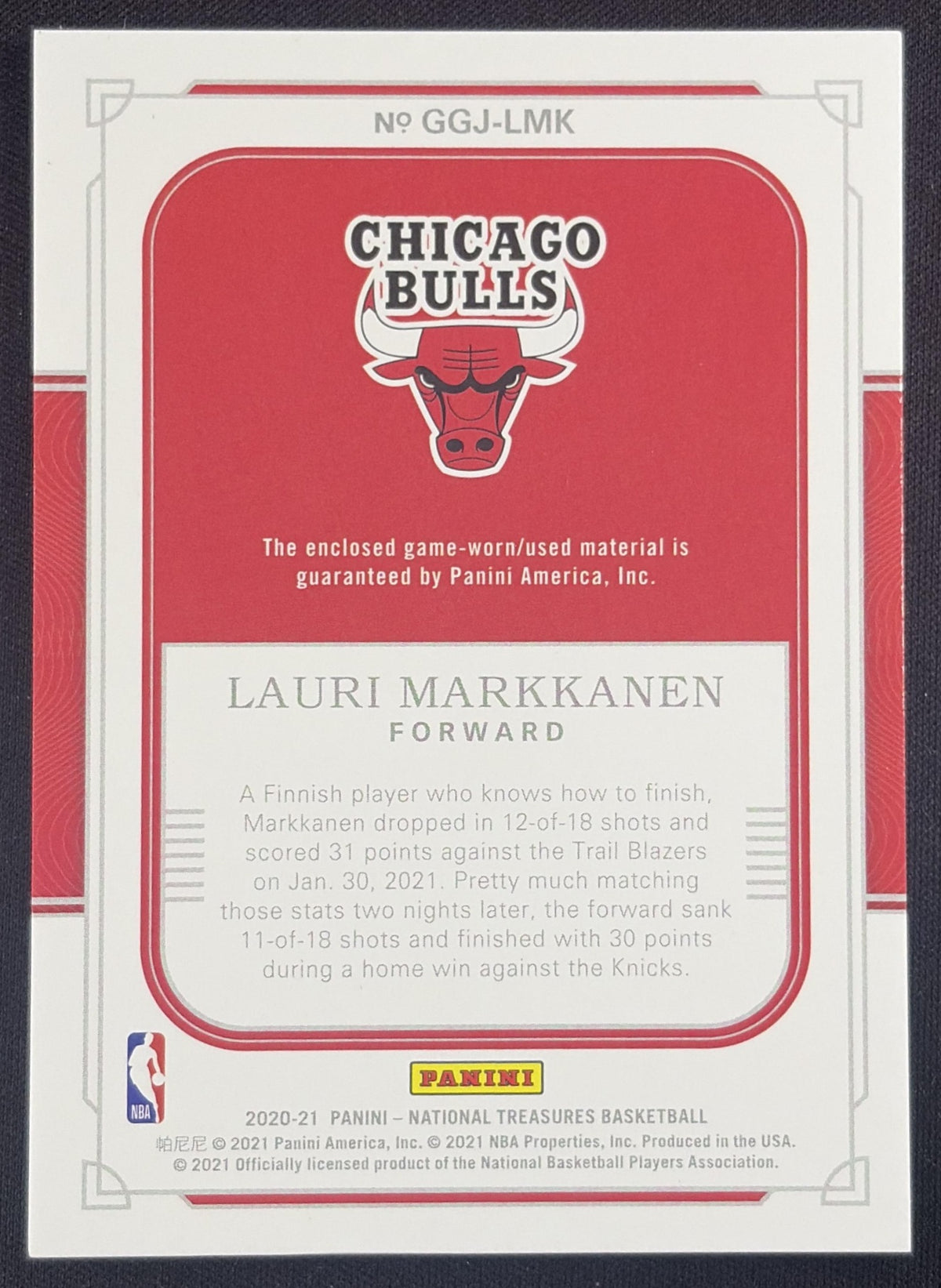 Lauri Markkanen 2020 Panini National Treasures Game Gear /99 Bulls Chicago Bulls Sports Trading Card