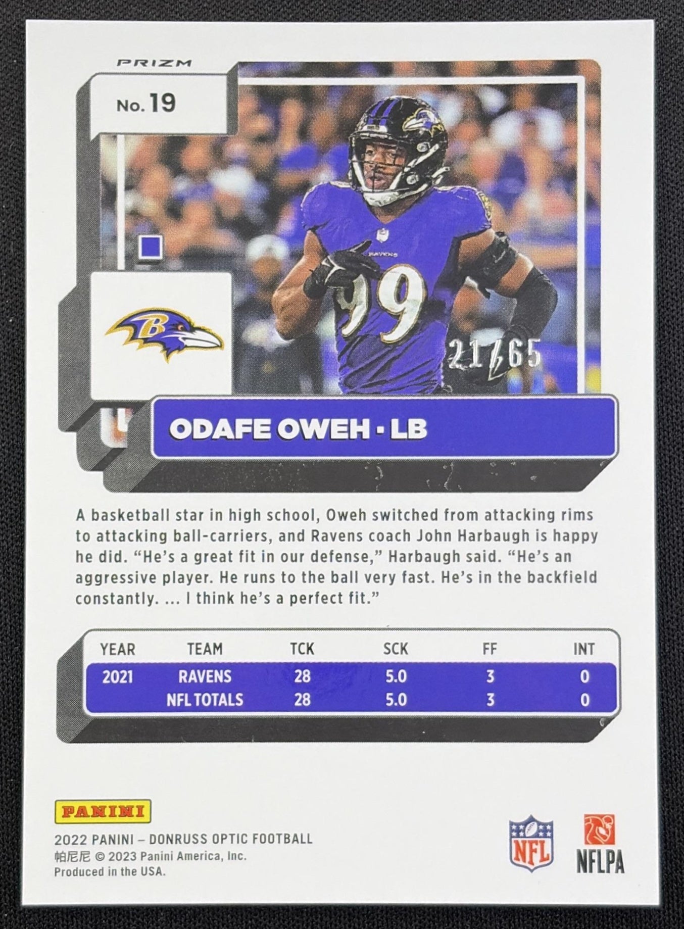 Patrick Queen 2022 Panini Donruss Optic Electricity /65 Ravens