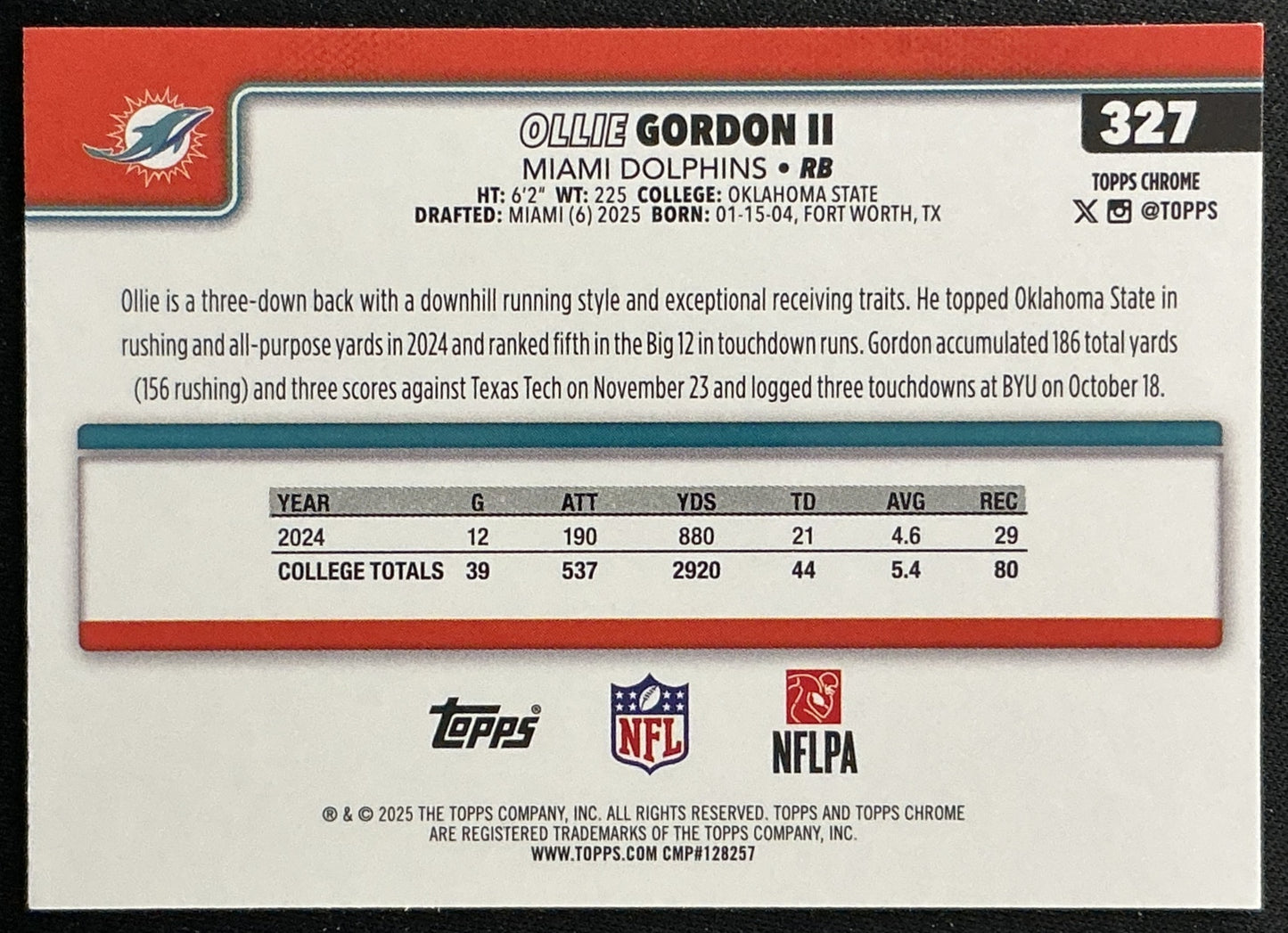 Ollie Gordon II 2025 Topps Chrome Rookie Dolphins Sports Trading Cards