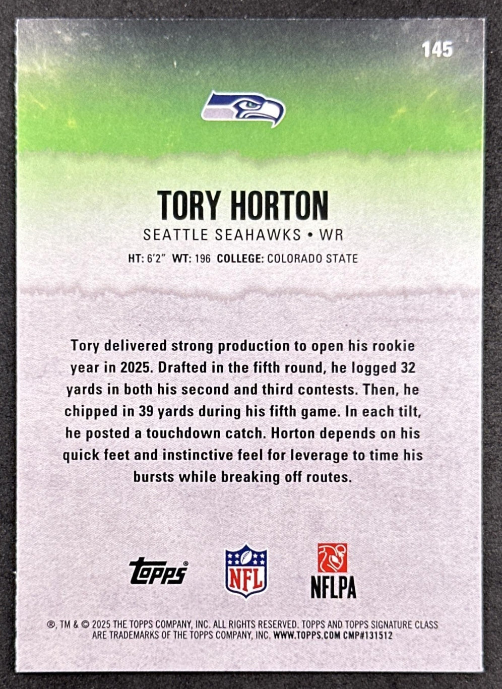 Tory Horton 2025 Topps Signature Class Rookie Blue & Yellow Foil Seahawks
