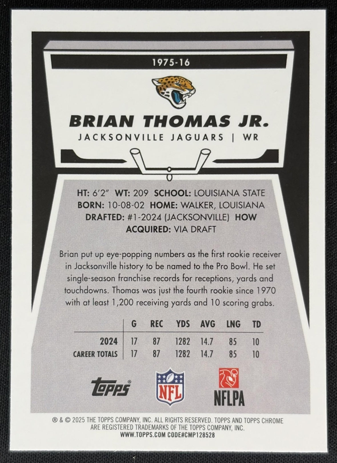 Brian Thomas Jr. 2025 Topps Chrome 1975 Pink Refractor /250 Jaguars Sports Trading Card