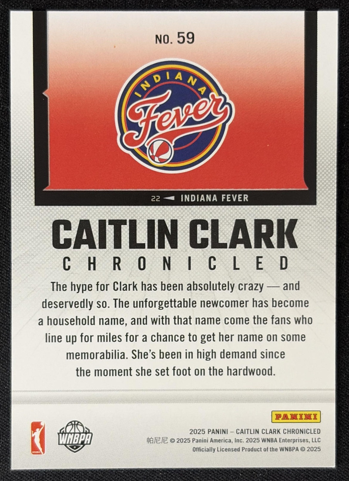 Caitlin Clark 2025 Panini Chronicled Life Style Fever 59 Sports Trading Card
