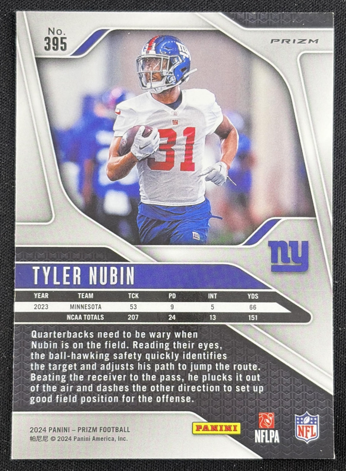 Tyler Nubin 2024 Panini Prizm Green Wave Giants Sports Trading Card