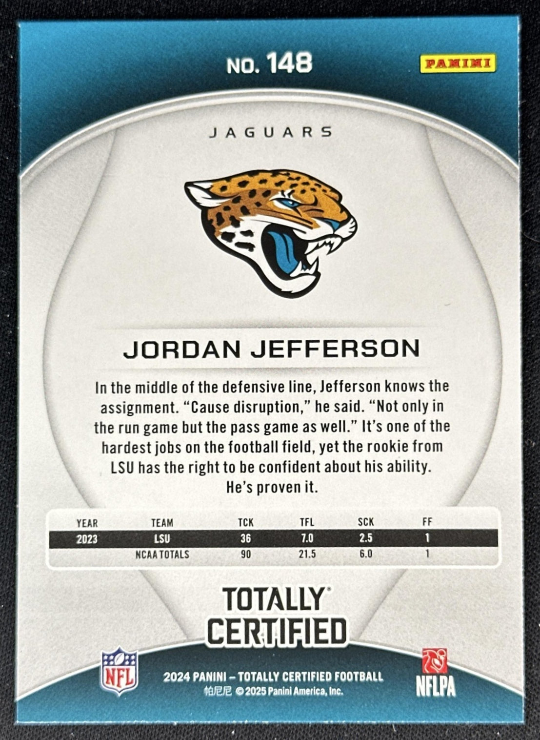 Jordan Jefferson 2024 Panini Totally Certified Rookies Mirror Jaguars back