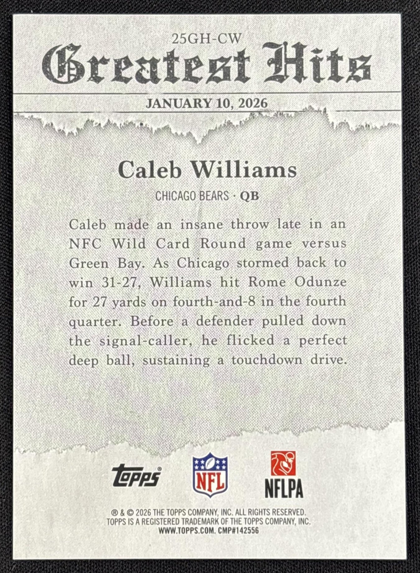 Caleb Williams 2026 Topps 2025 Greatest Hits Pink Bears