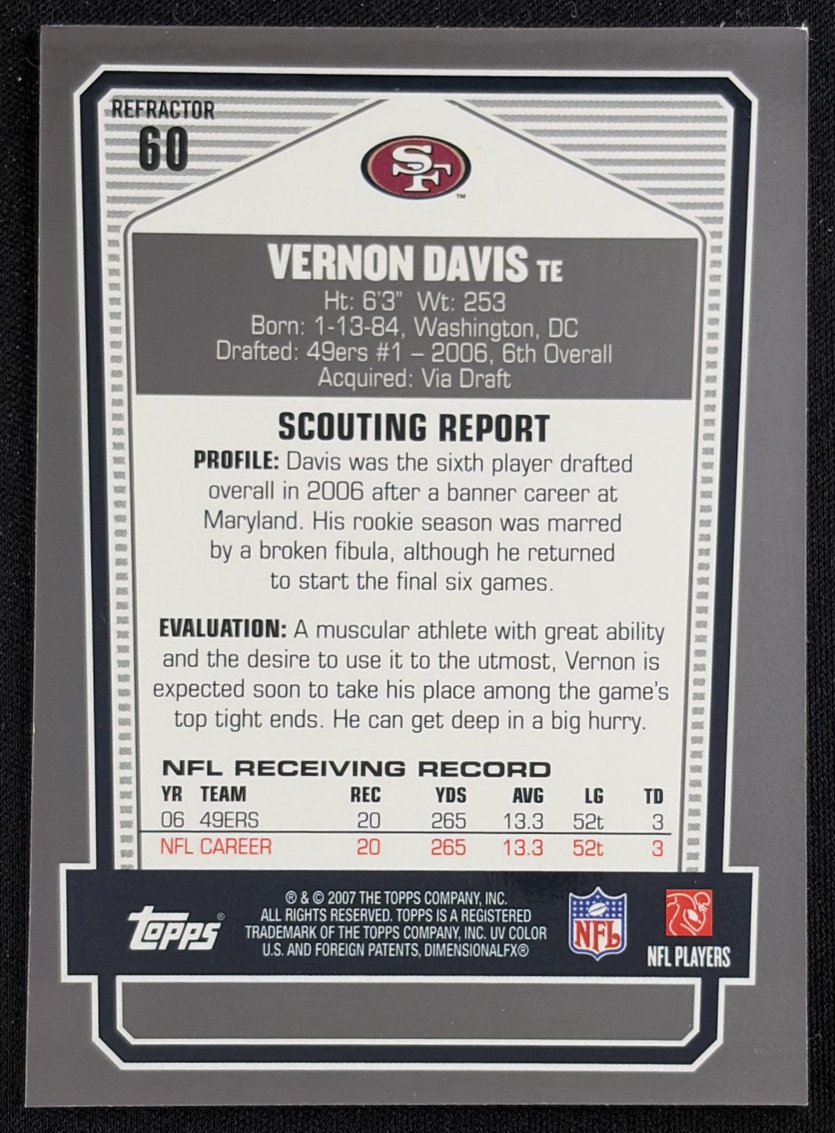 Vernon Davis 2007 Topps Draft Picks & Prospects Chrome Black Refractors 49ers - Back