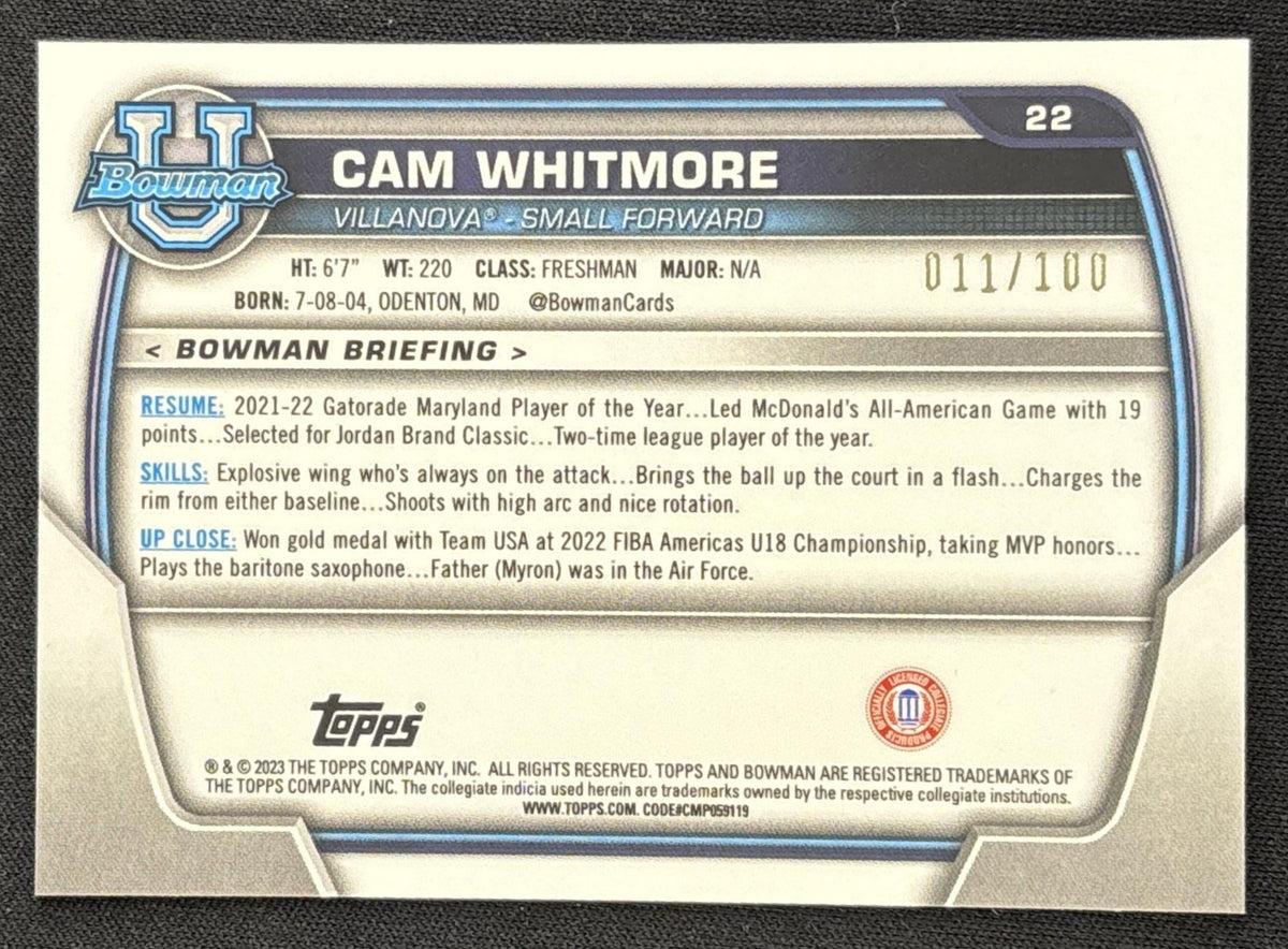 Cam Whitmore 2022 Bowman Chrome University RayWave Refractor /100 Wildcats
