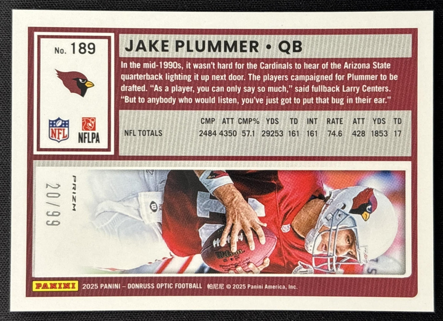 Jake Plummer 2025 Panini Donruss Optic Pink Velocity Prizm /99 Cardinals Sports Trading Cards