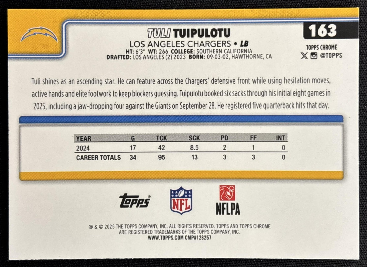 Tuli Tuipulotu 2025 Topps Chrome Pink Wave Refractor /250 Chargers Sports Trading Card