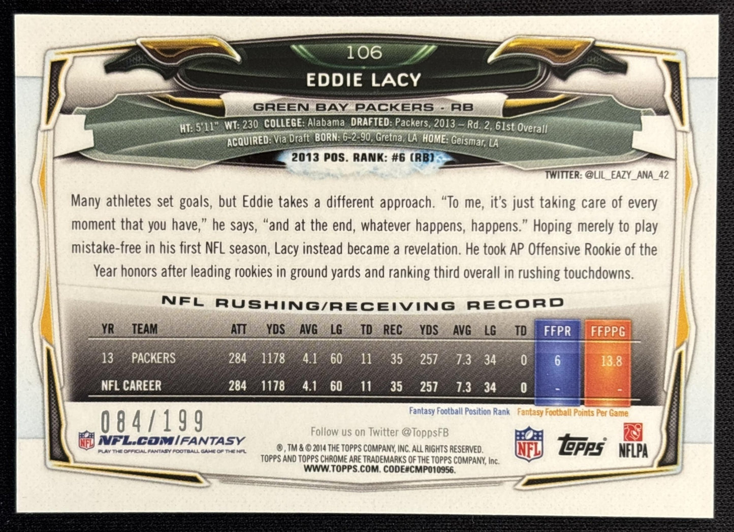 Eddie Lacy 2014 Topps Chrome Blue Refractor /199 Packers Sports Trading Cards