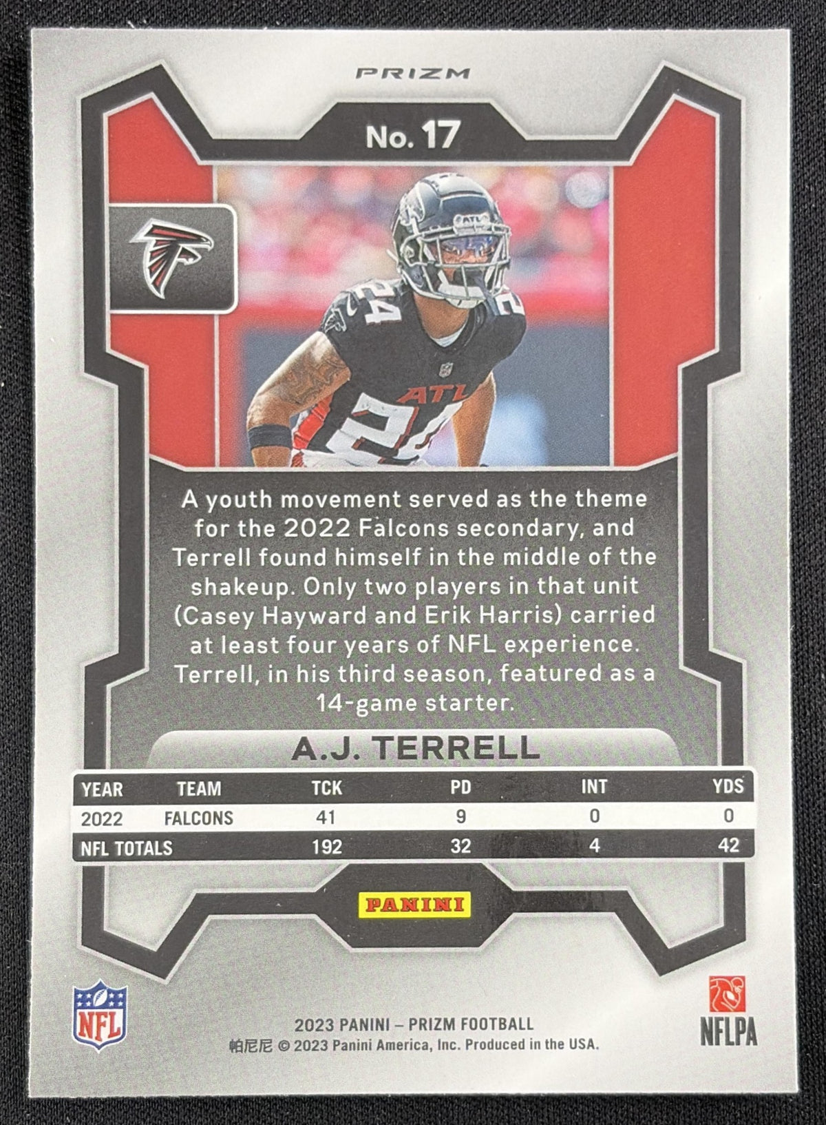 A.J. Terrell 2023 Panini Prizm Orange Ice Falcons Sports Trading Card