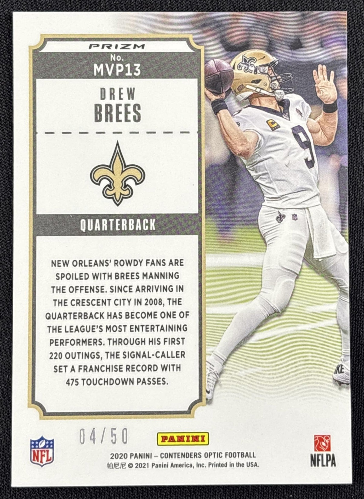 Drew Brees 2020 Panini Contenders Optic MVP Orange /50 Saints - back