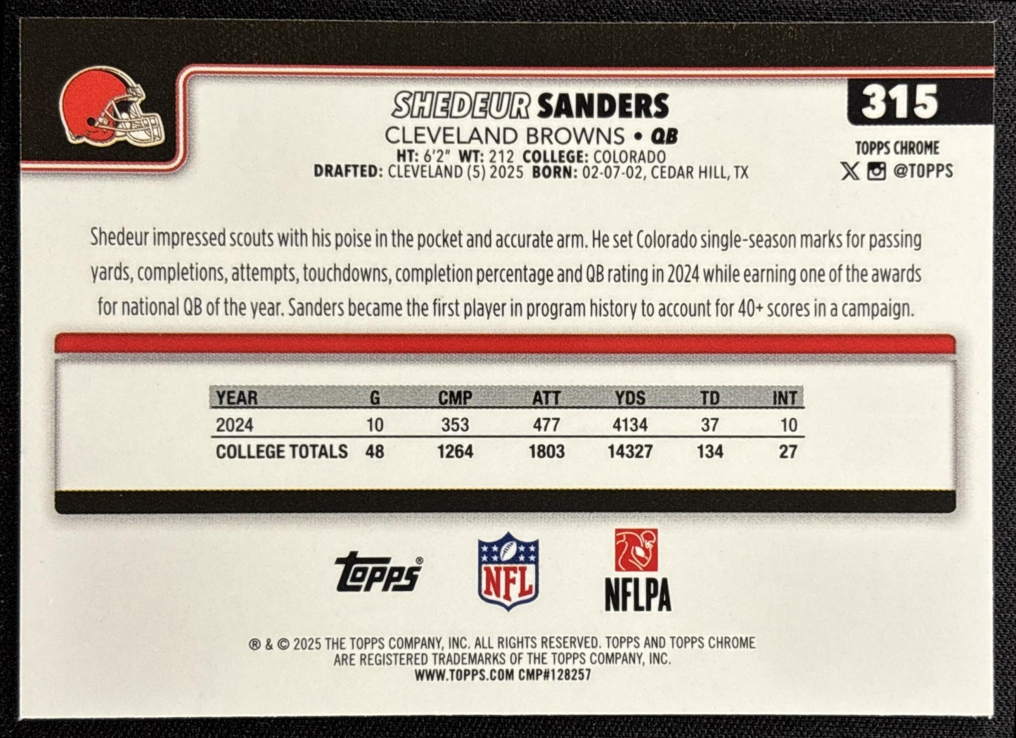 Shedeur Sanders 2025 Topps Chrome Rookie Neon Pulse Refractor Browns - back