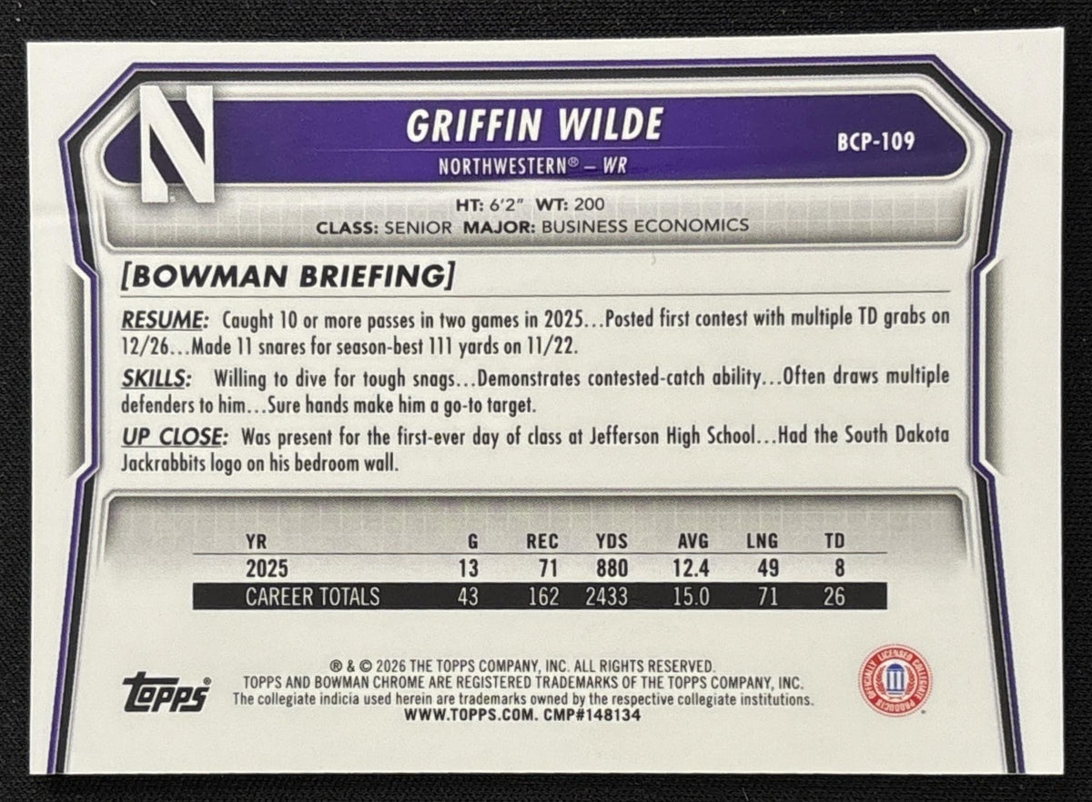 Griffin Wilde 2026 Bowman Chrome Prospects Green Mojo Refractor /99 Wildcats Sports Trading Card