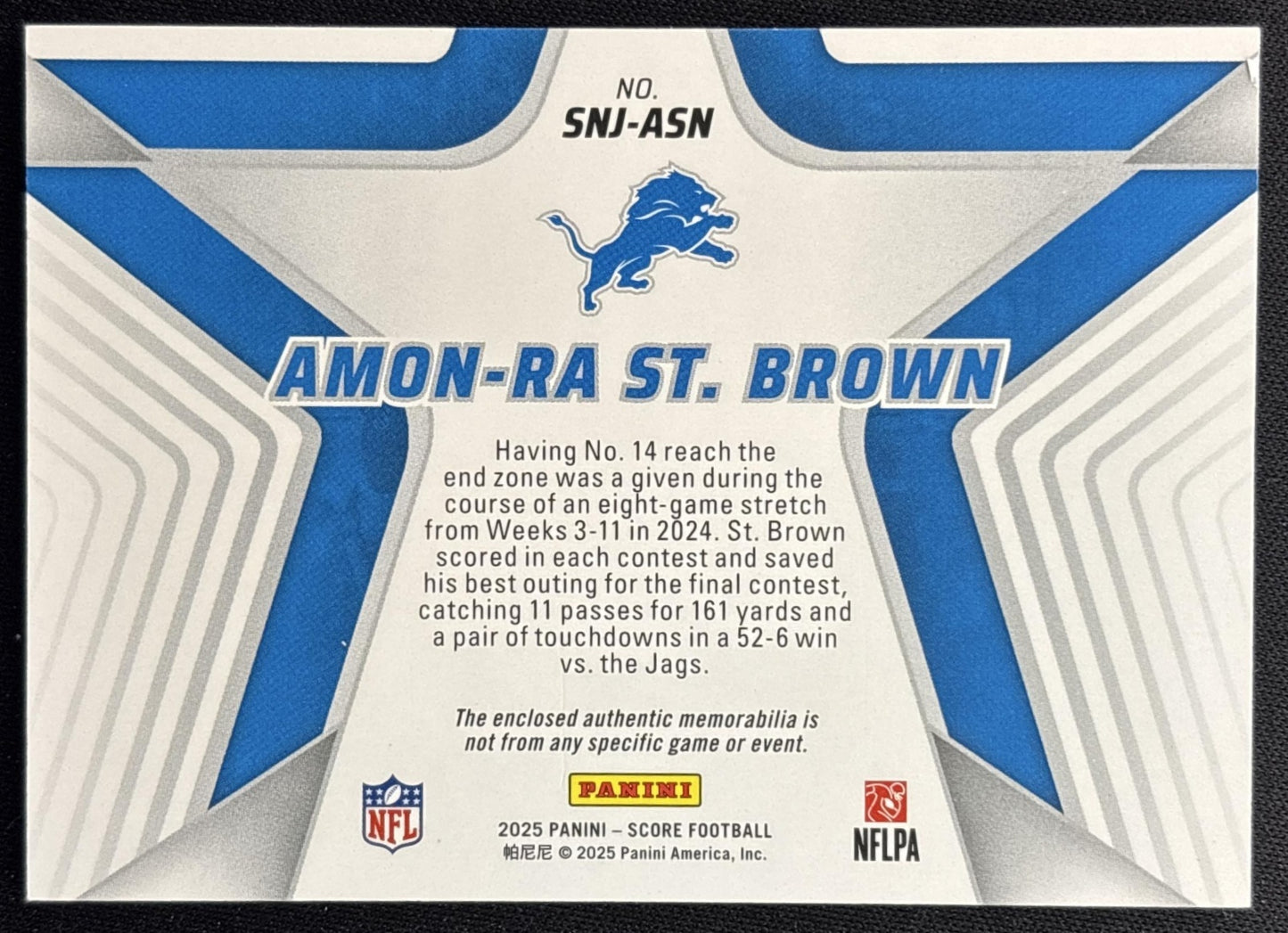Amon-Ra St. Brown 2025 Panini Score Stars of the NFL Jersey Lions back