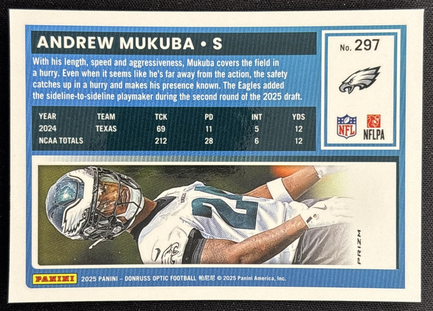Andrew Mukuba 2025 Panini Donruss Optic Rated Rookie Blue Hyper Prizm Eagles Sports Trading Cards