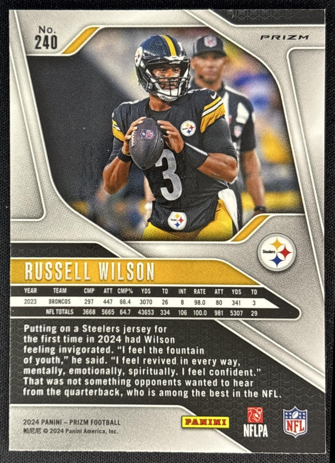 Russell Wilson 2024 Panini Prizm Pink Wave Steelers back