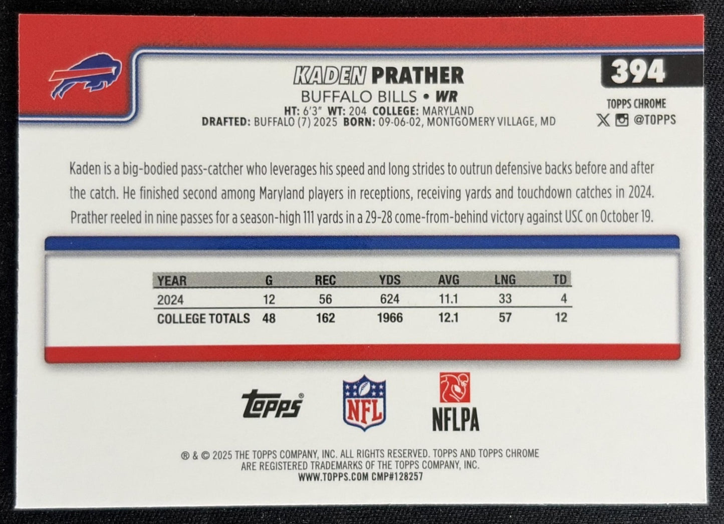 Kaden Prather 2025 Topps Chrome Rookie Refractor Bills