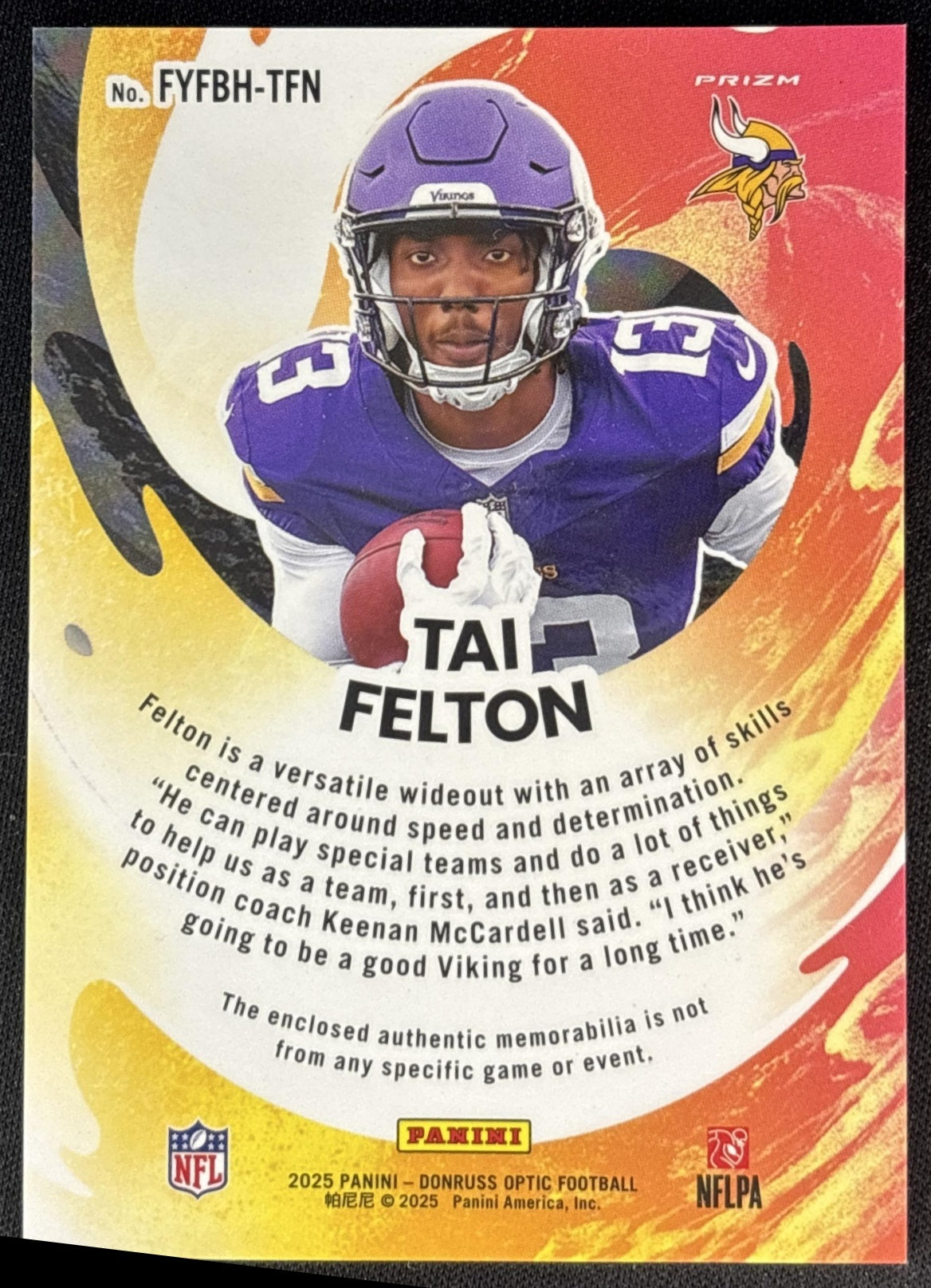 Tai Felton 2025 Panini Donruss Optic First Year Fresh Blue Hyper Prizm Vikings