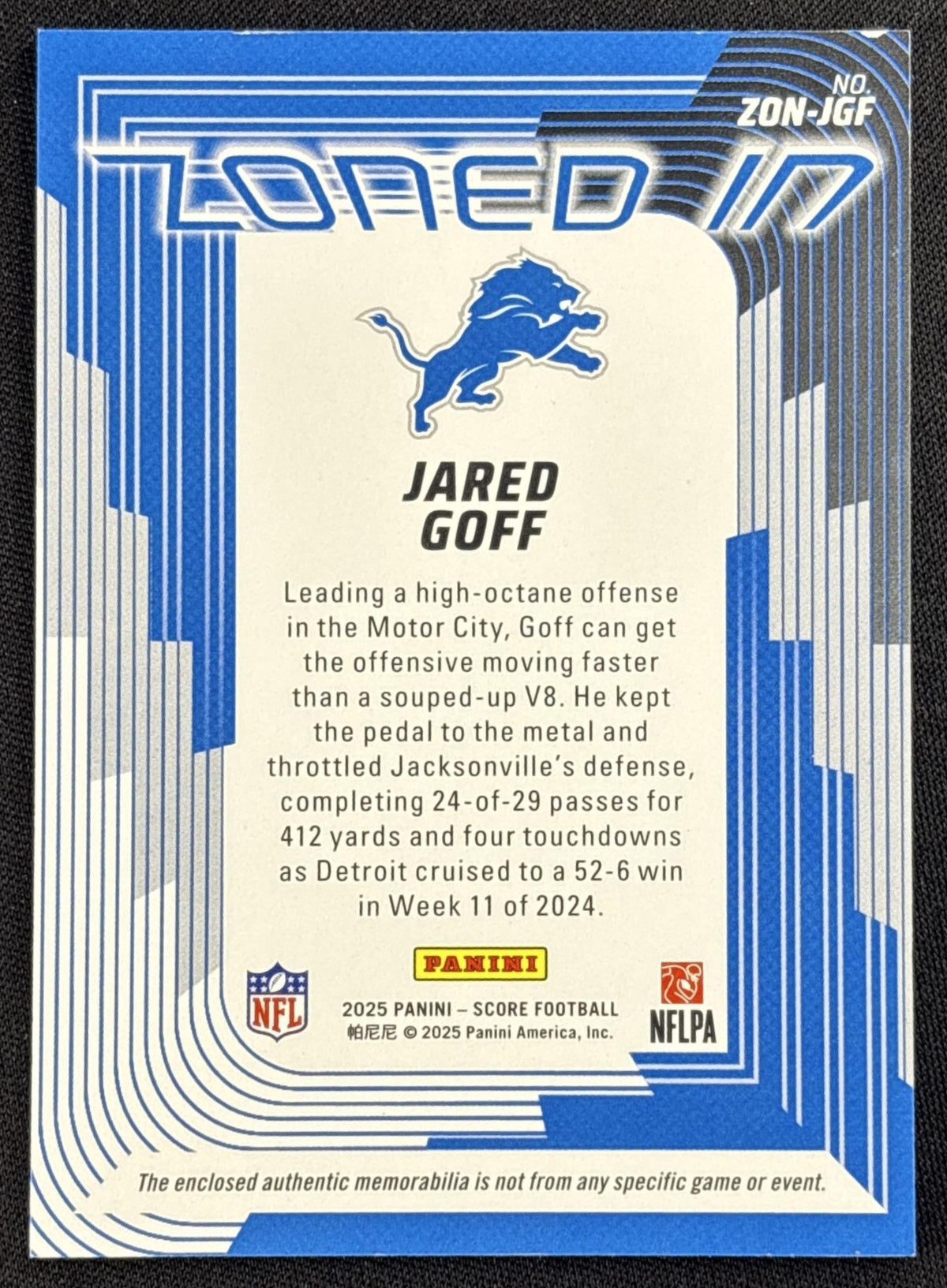 Jared Goff 2025 Panini Score Zoned In Jerseys Lions