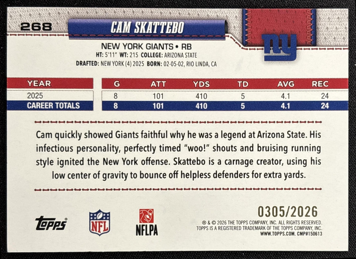 Cam Skattebo 2026 Topps Gold /2026 Giants - back