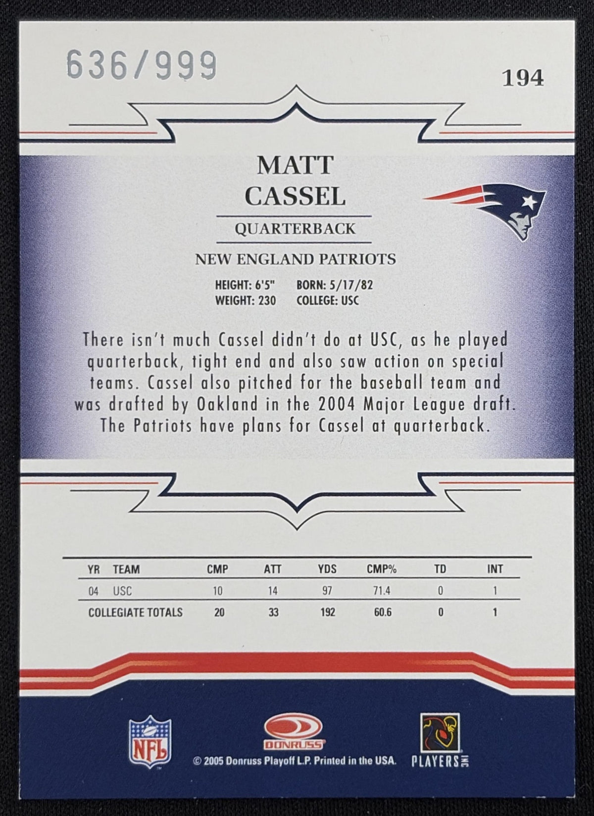 Matt Cassel 2005 Donruss Throwback Threads /999 Patriots Sports Trading Card