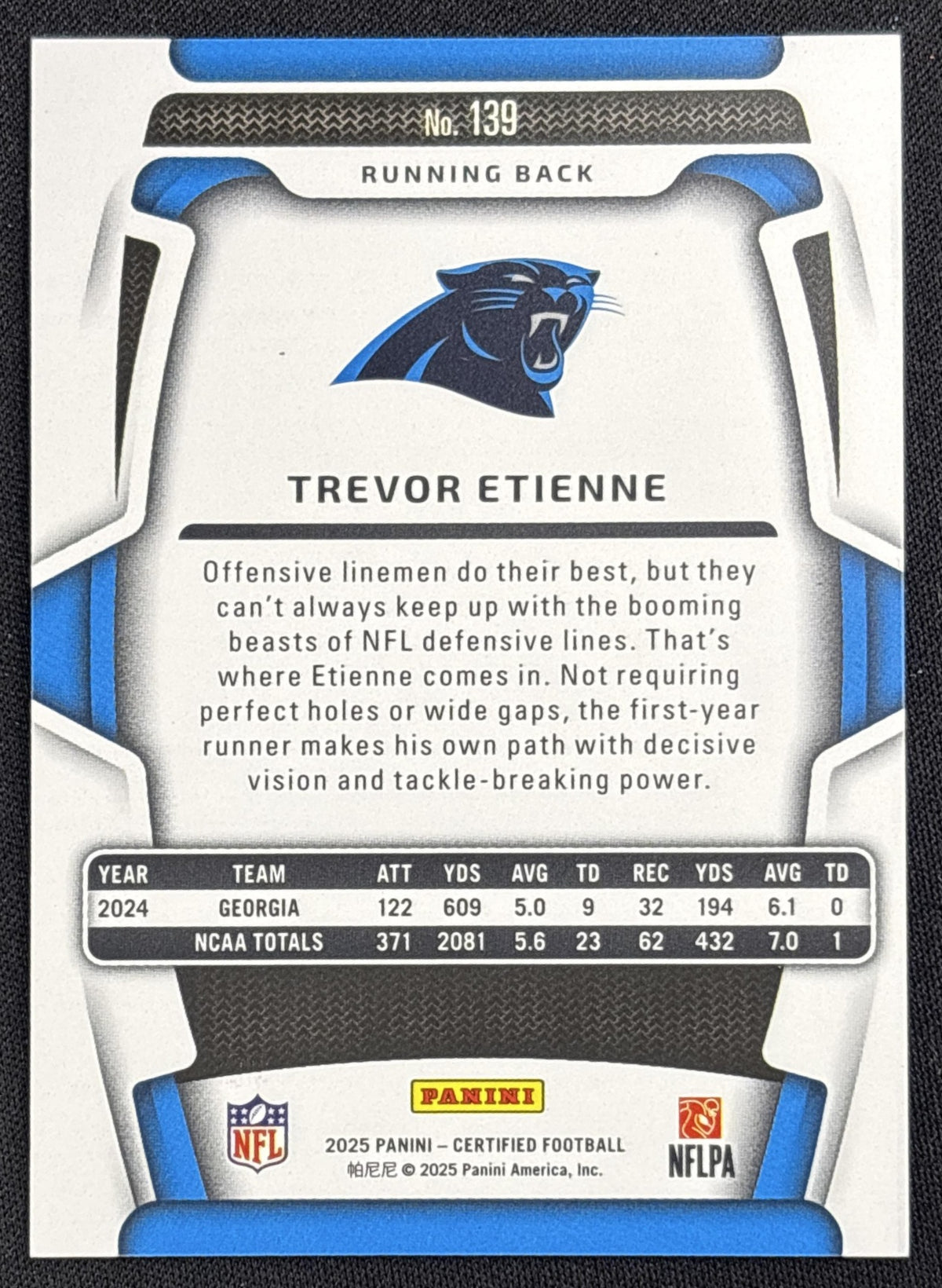 Trevor Etienne 2025 Panini Certified Rookies Mirror Purple /299 Panthers Carolina Panthers