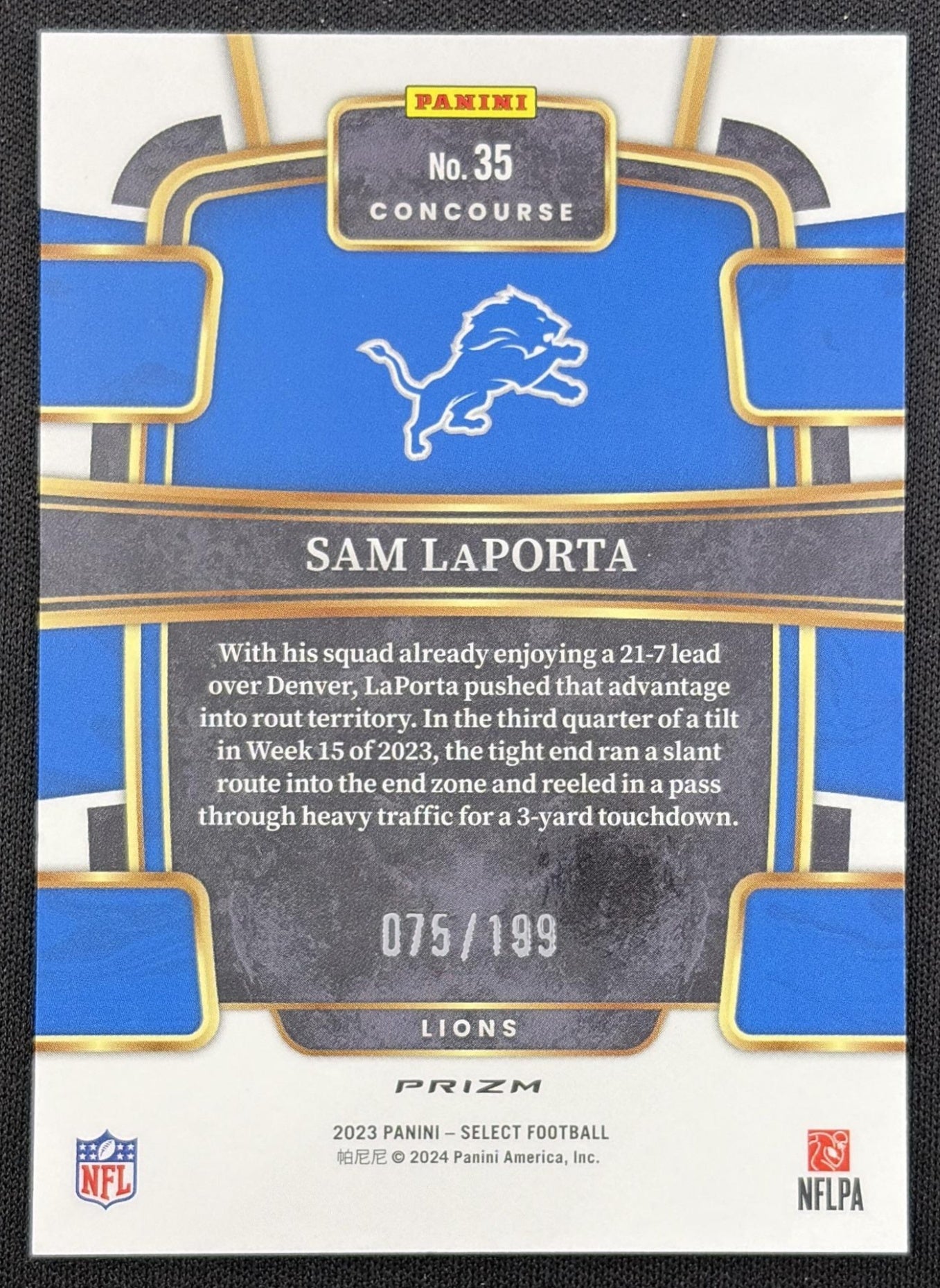 Sam LaPorta 2023 Panini Select Blue Prizms /199 Lions Detroit Lions