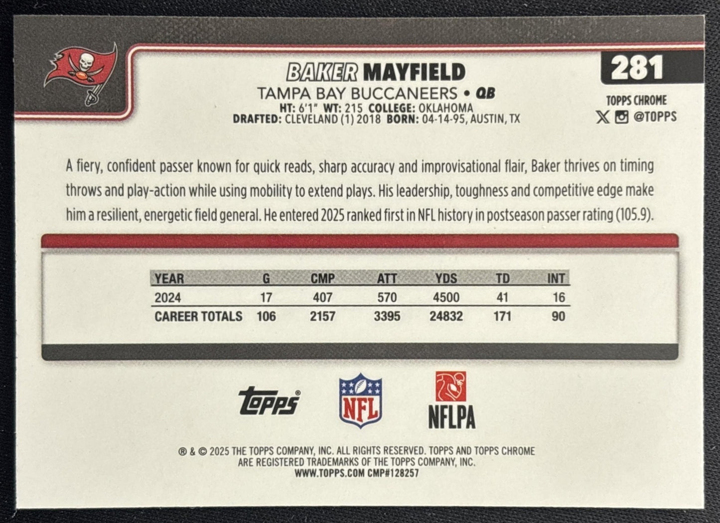 Baker Mayfield 2025 Topps Chrome Pulsar Refractor Buccaneers back