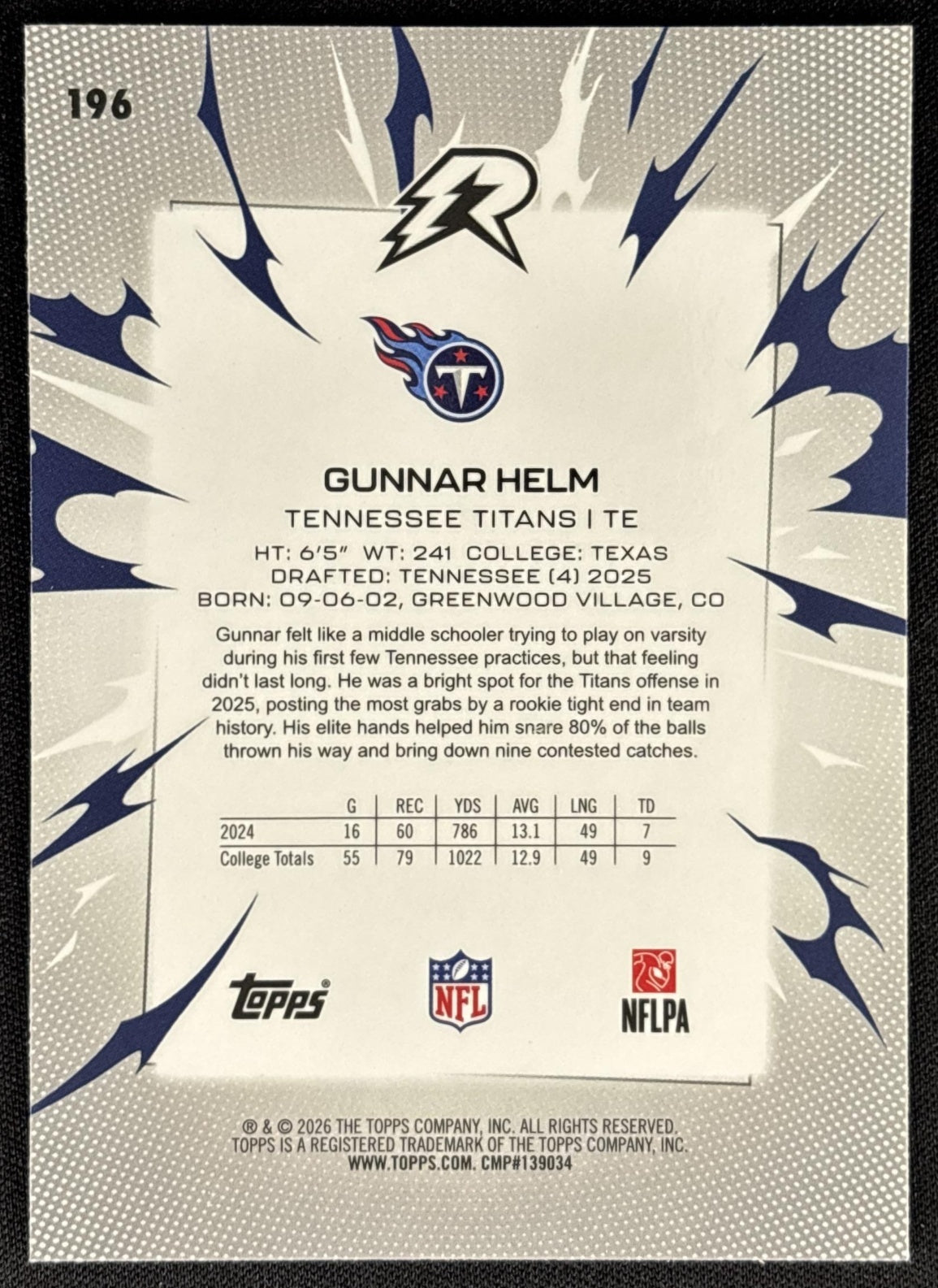 Gunnar Helm 2025 Topps Resurgence Blue and Orange Spark Refractor Titans Sports Trading Card
