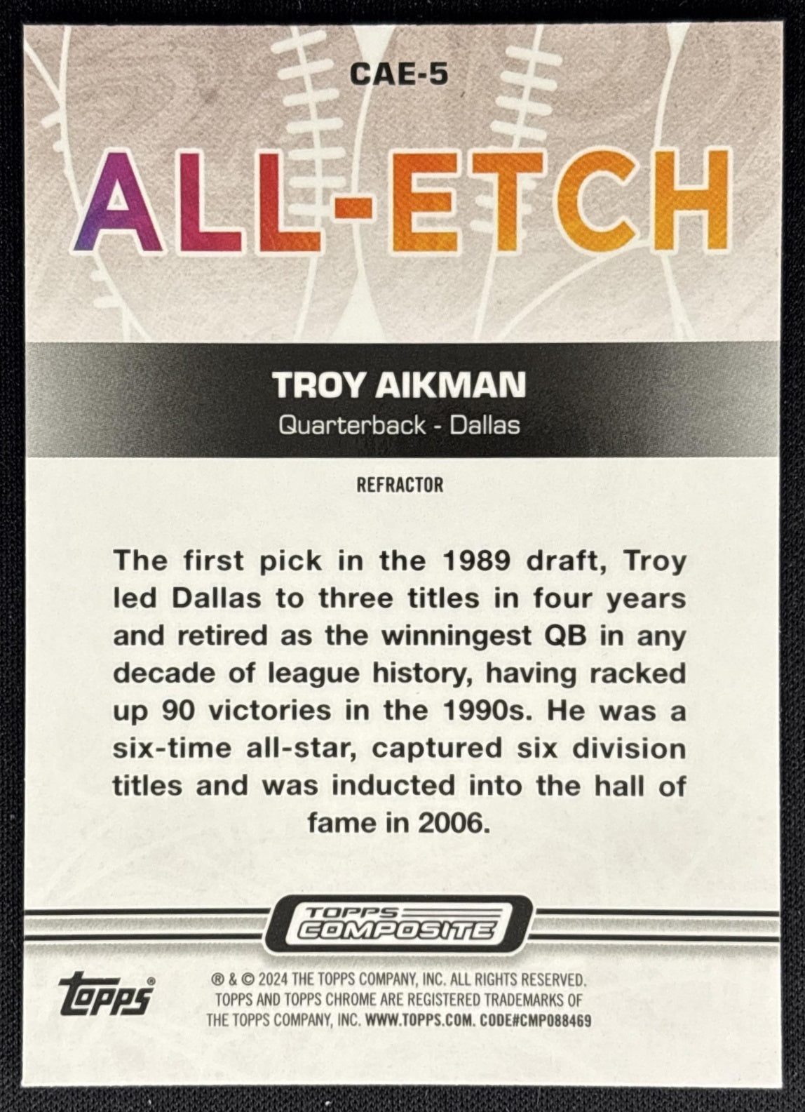Troy Aikman 2023 Topps Composite Chrome All Etch Refractor Cowboys back