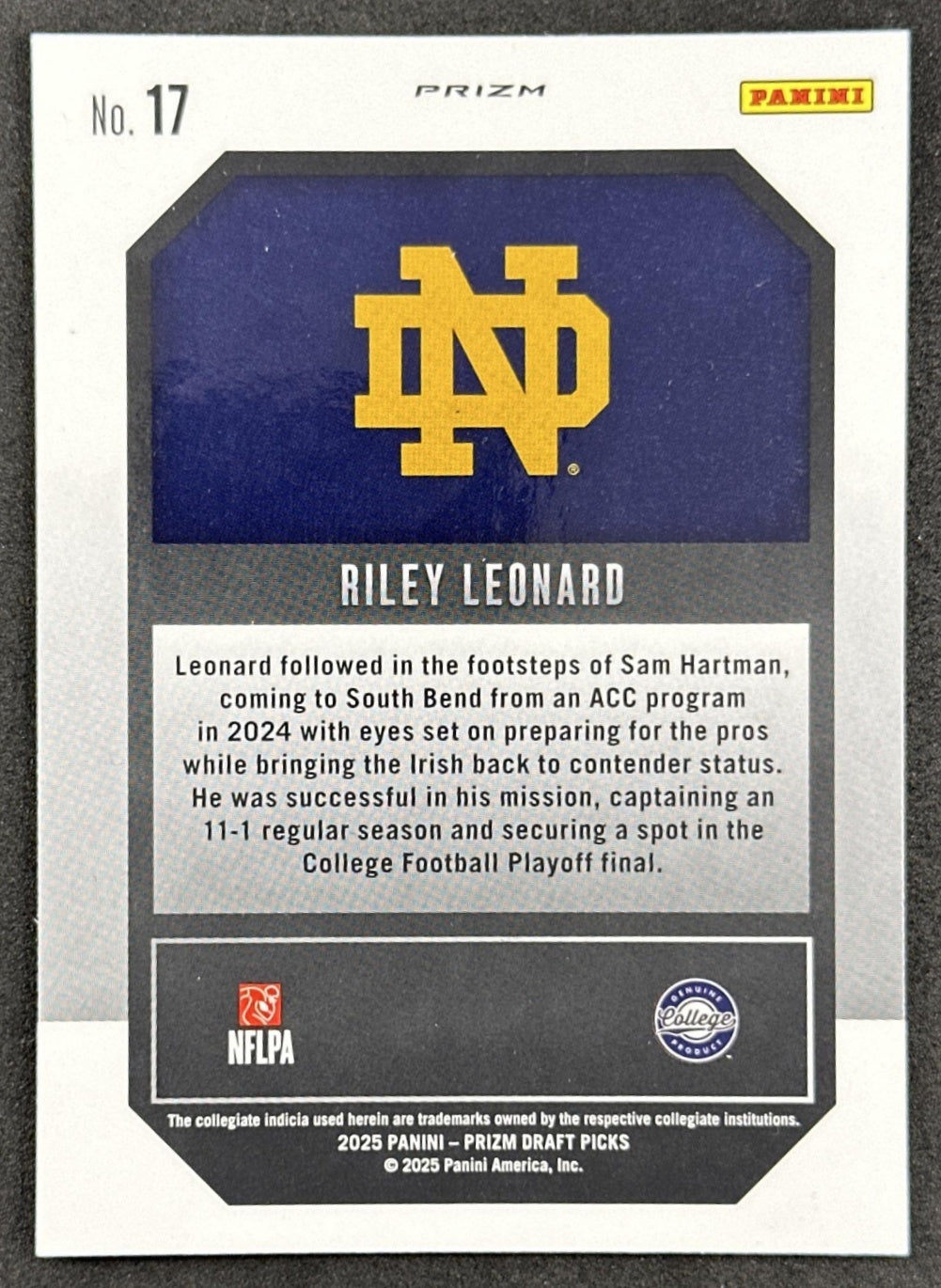 Riley Leonard 2025 Panini Prizm Draft Picks New Recruits Red Ice Fighting Irish Colts - Back
