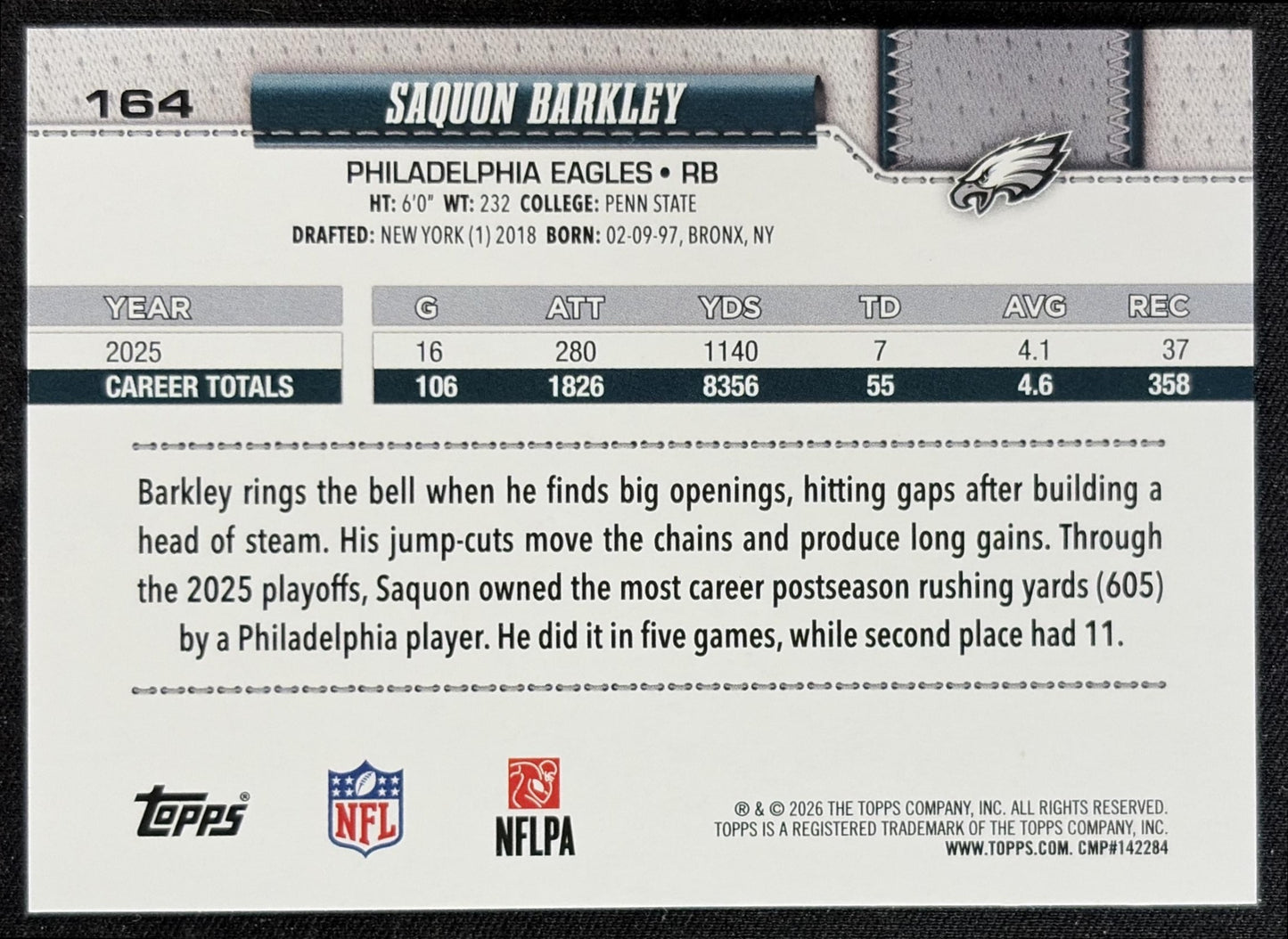 Saquon Barkley 2026 Topps Sandglitter Eagles back