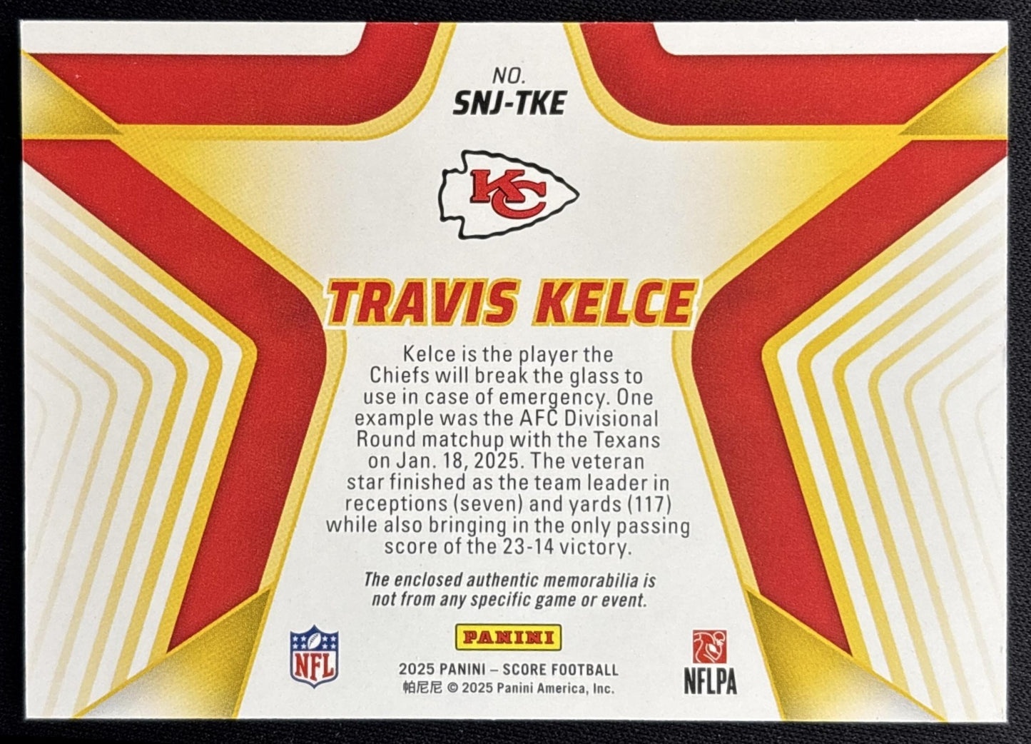 Travis Kelce 2025 Panini Score Stars of the NFL Jersey Chiefs back