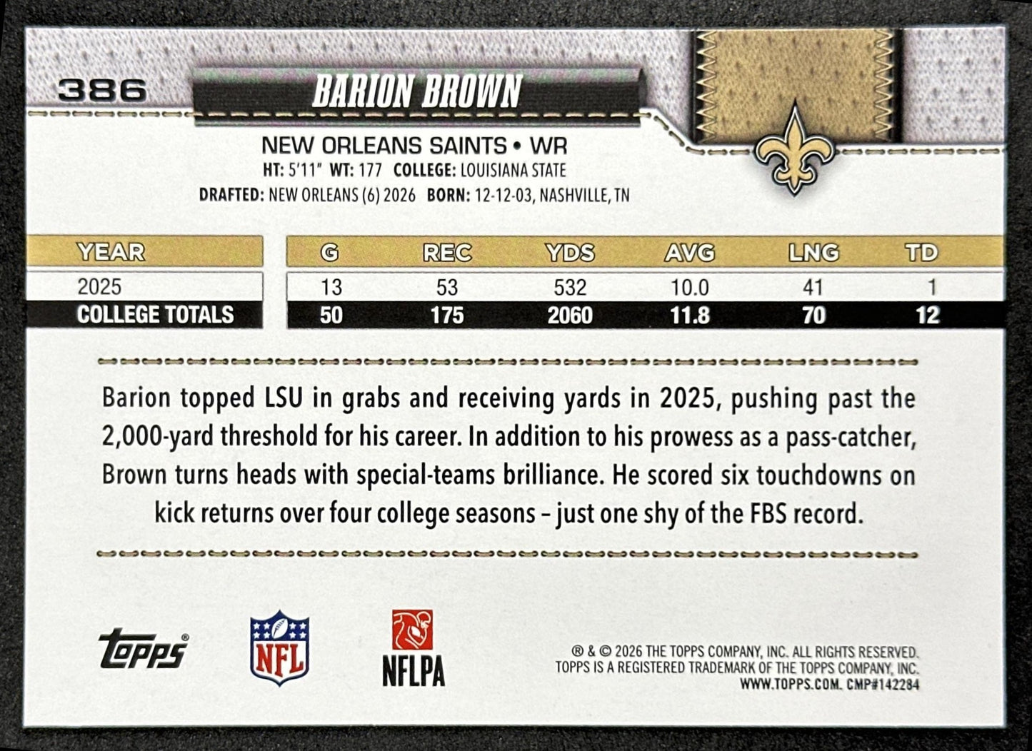 Barion Brown 2026 Topps Flagship Rookie Saints Sports Trading Cards
