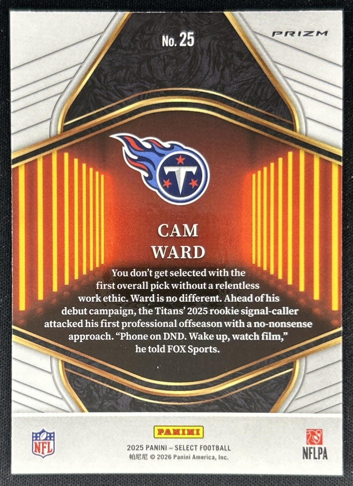 Cam Ward 2025 Panini Select Neon Icons Silver Prizm Titans back