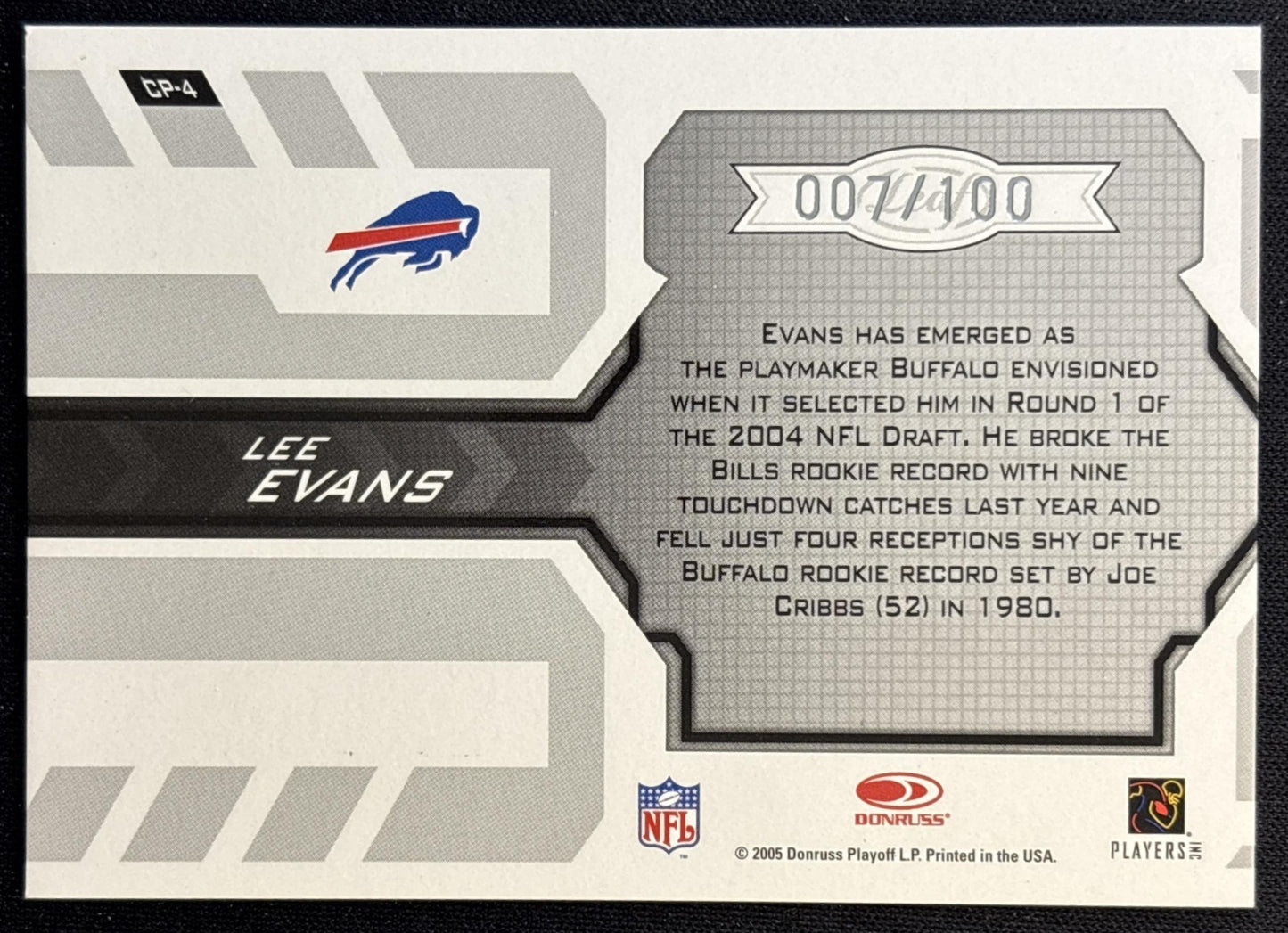 Lee Evans 2005 Leaf Certified Materials Potential Blue /100 Bills Football